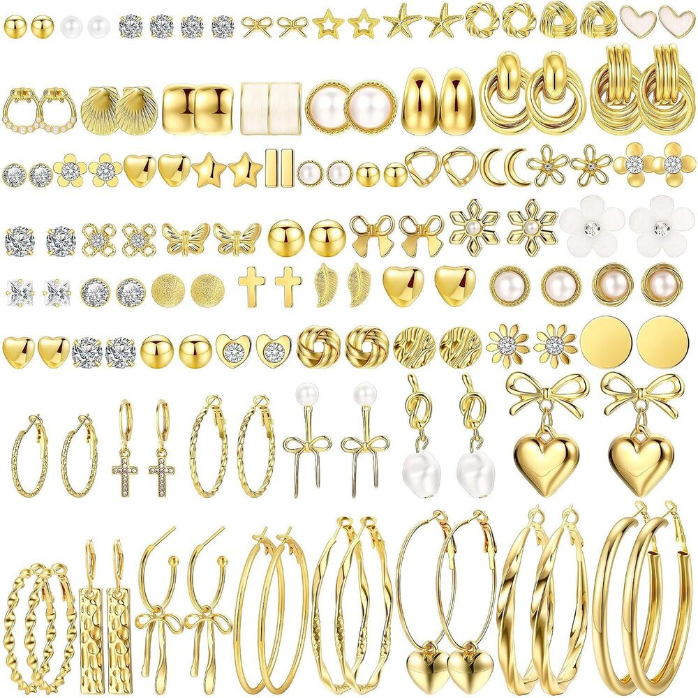 75 Pairs Gold Stud Earrings Set for Women, Trendy Hypoallergenic Pearl Cubic